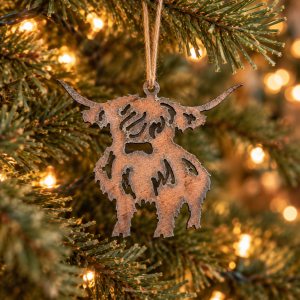 Metal Highland Cow Christmas Ornament | Rustic Western Holiday Decor