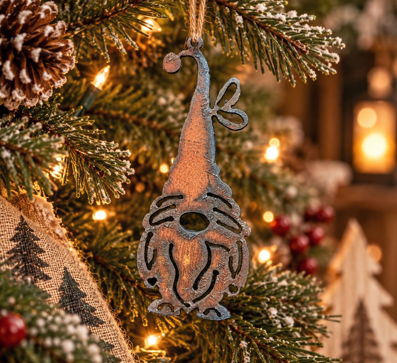 Metal Gnome Christmas Ornament | Rustic Holiday Tree Decor