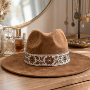 Boho Adjustable Wide Brim Hat with Floral Embroidered Band